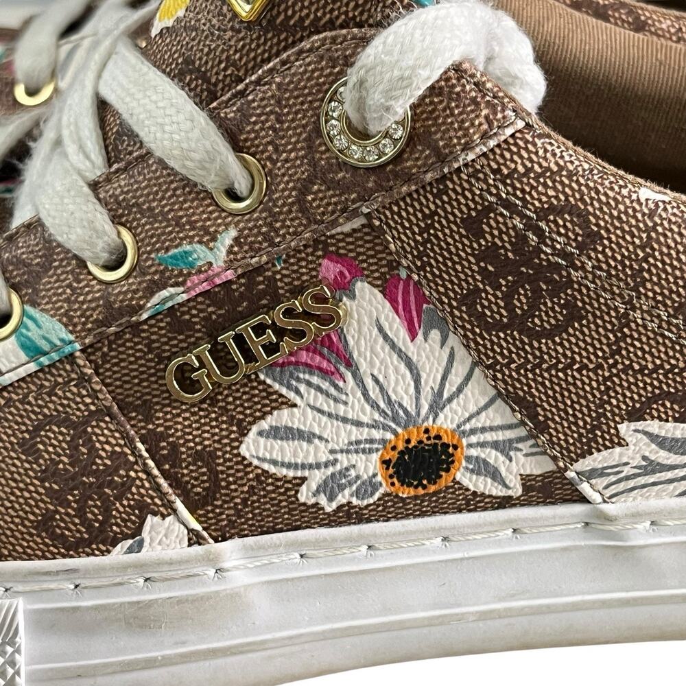 Guess Loven Sneakers Women's Size 9.5 M Casual Lace-up Logo Brown Pink Floral - Picture 9 of 15
